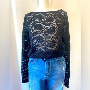 Women's Black Sheer Lace Long Sleeve Top XL Dark Romantic Whimsygoth Goth Grunge